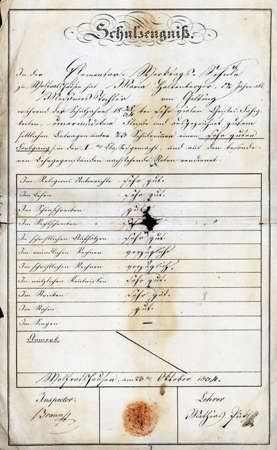 Egy tanuló (Monika Haltenberger, a sekrestyés leánya) általános iskolai iskolai beszámolója vasárnap, egy általános iskola 1840. szeptember 24-én kelt, Academie de Geretsried, Haute Baviere, Németország, Európa alkotó: Unbekannt