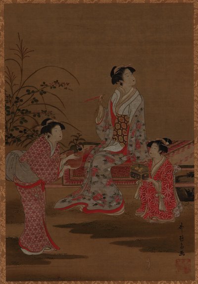 Fiatal nő, két lánnyal, kertben ülve, Edo-korszak, 1615-1868. alkotó: Unbekannt