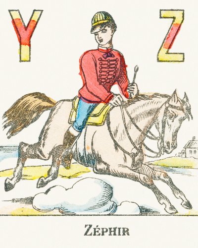 Z : Zephir, egy lovas, aki a Zephyr nevű lován vágtat – Játékok ábécéje, 1890 körül (metszet) alkotó: Unbekannt