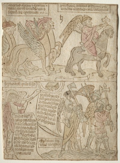 oldal az Apokalipszisből A sáskák a mélység angyalával és A hatodik trombita, 1400-as évek. alkotó: Unbekannt