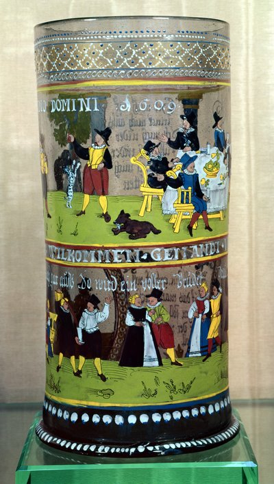 Egy német zománcozott Humpen, 1609-ben, ünnepi jelenetekkel díszítve alkotó: Unbekannt Unbekannt