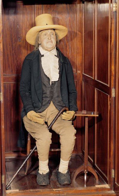 Jeremy Bentham balzsamozott teste a University College-ban kiállítva alkotó: Unbekannt Unbekannt