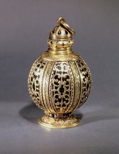 Pomander, fekete zománcot körülölelő, hajszolt tekercsekkel díszítve, ezüst-aranyozott, valószínűleg angol, 1580 körül alkotó: Unbekannt Unbekannt