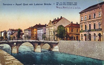 Szarajevót, az Appel rakpartot és a Lateiner hidat ábrázoló képeslap, Ferenc-Ferdinánd főherceg és felesége, Sophie 1914. június 28-i meggyilkolásának helyszíne, kb. 1920 alkotó: Unbekannt Unbekannt