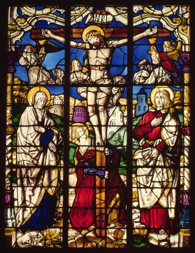 A keresztre feszítés, ólomüveg ablak, valószínűleg a Köln melletti Altenbergi apátságból származik, talán a Szent rokonok Mestereként ismert festő tervezte, 1500 körül alkotó: Unbekannt Unbekannt