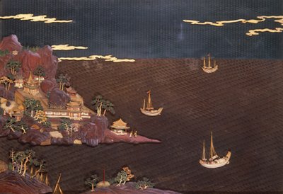 Tálca tengeri jelenettel egy korabeli nyomatról, pelenka munkáról, 1785 körül (lakk) alkotó: Unbekannt Unbekannt