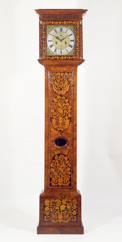 Diófa panel intarziás, hosszú tokos óra, James Clowes (fl.1671-89) alkotó: Unbekannt Unbekannt