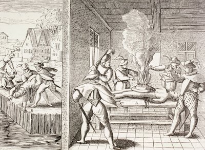 századi propaganda, amely a Gueux-k katolikusok elleni erőszakát illusztrálja, Paul Lacroix „Katonai és vallási élet a középkorban” című művéből, amely 1880 körül Londonban jelent meg. alkotó: Unbekannt