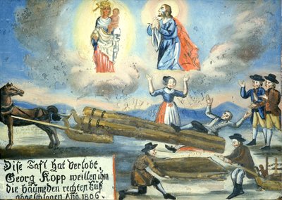 1806-os fogadalmi kép, sérülés, famunka, Neukirchen a Szent Vér Zarándoklat Múzeumában, Cham, Oberpfalz, Felső-Pfalz, Bajorország, Németország alkotó: Unbekannt