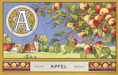 V: Apple - Alphabet Palmine. Kromolitográfiák sorozata, szerkesztette: H. Schlinck & Cie, Hamburg, p. d. . Palmin legfinomabb kókuszzsírjának reklámja. Méretek: 7 x 11 cm alkotó: Unbekannter Künstler