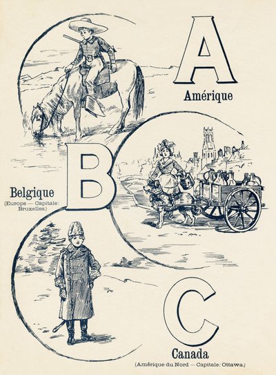 A B C: Amerika, Belgium, Kanada – a két világ ABC-je. Emile Guerin, kiadó, Párizs, 1900 körül. Méretek: 27,5 x 21,5 cm alkotó: Unbekannt