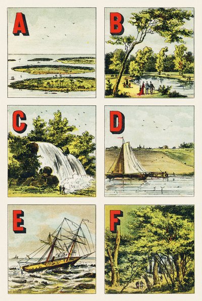 A B C D E F: szigetcsoport, Bois de Boulogne, vízesés, gát, zátony, fontainebleau-i erdő - Földrajzi ábécéből kivont metszet. Guerin-Muller et Cie, kiadók, Párizs alkotó: Unbekannt