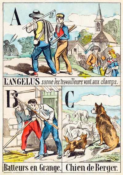 Az Angelusban a munkások a mezőkre mennek; B Cséplőgépek az istállóban; C juhászkutya - "A farm ábécéje" 19. század vége (metszet) alkotó: Unbekannt