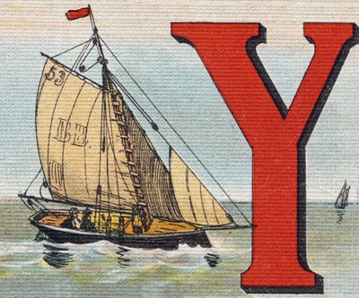 Egy Yacht. Metszet "Alphabet de ma petite fille". Bernardin-Bechet és Fils, könyvkereskedő-kiadók, Párizs, 1895 körül. Törhetetlen album vásznon. Bibliotheque des Bebes. 12 oldal. Olvasási módszert és szemléltető abeccedert tartalmazó album. Homályos: alkotó: Unbekannt