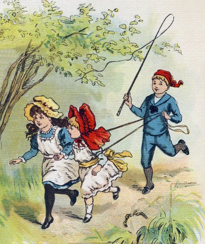 Egy fiú lovagol a két húgával. Metszet "ABC L