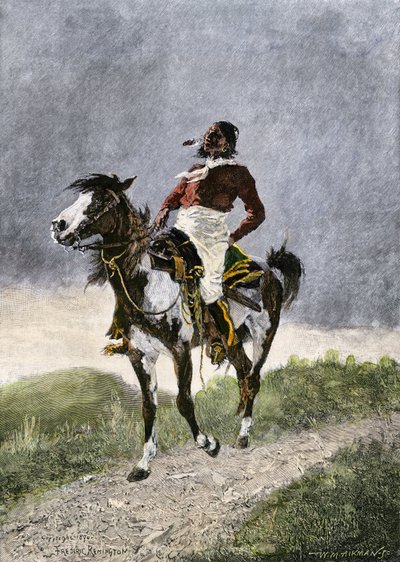 Egy bátor komancs, aki lóháton utazik a déli prérin (Texas, Oklahoma, USA), 1800 körül. Lithográfia alkotó: Unbekannter Künstler