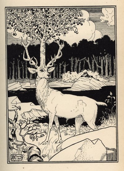 Cseresznyefa egy szarvas fején, amelyet megérintettek a cseresznye lándzsái: Baron de Munchausen Illusztráció: William Strang (1859-1921) és JB Clark, Rudolf Erich Raspe „Münchauseni báró kalandjaiból (Munchhausen)” (1736- alkotó: Unbekannt