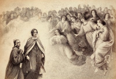 Egy csapat árnyék közeledik Dante és Beatrice felé. Illusztráció Dante Alighieri Isteni komédiája Paradiso című művének V. énekéhez. Franceso Scaramuzza műve, amelyet a firenzei önkormányzatnak szentelt. alkotó: Unbekannter Künstler