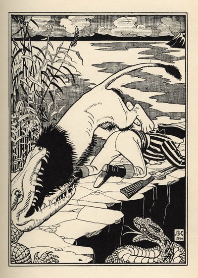 Egy oroszlán, aki Münchausen bárót akarta megtámadni, krokodillal végzett. Illusztráció: William Strang (1859-1921) és JB Clark Rudolf Erich Raspe (1736-1794) A münchauseni báró (Munchhausen) kalandjaiból (1789) alkotó: Unbekannt