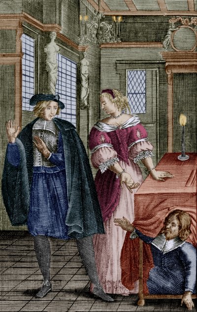 Moliere "Tartuffe" című darabjának jelenete (1664) Orgonnal (az asztal alatt), Elmire-rel, a feleségével és Tartuffe-fel, metszet. alkotó: Unbekannter Künstler