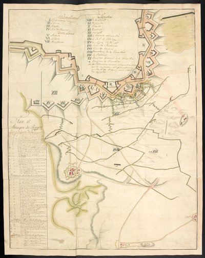 Az ostrommunkák színezett terve. Bergen op Zoom ostromának folyóirata, a franciák 1747-ben; előzte meg a francia tüzérség akkori állapotáról szóló beszámoló. alkotó: Unbekannter Künstler