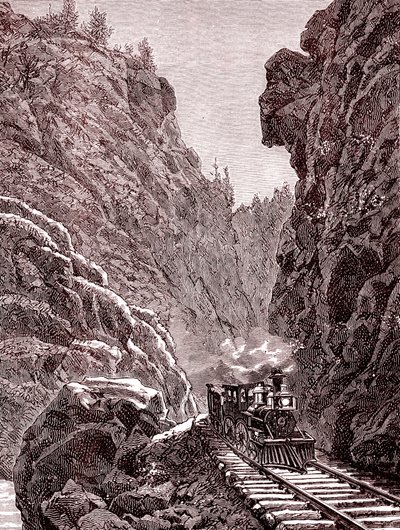 Egy vonat átkel a coloradói hegyeken. Amerikai Egyesült Államok 1886-ban (metszet) alkotó: Unbekannter Künstler