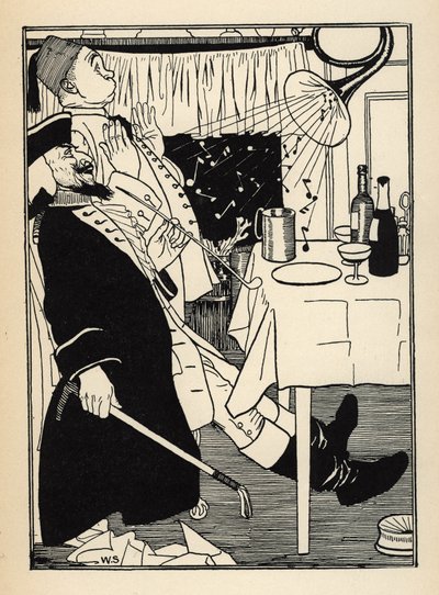 A lefagyott trombita felforrósodáskor magától ad ki hangokat. A mulatság és a ámulat teljes egészében. Illusztráció William Strang (1859-1921) és JB Clark „A münchauseni báró (Munchhausen) kalandjai, Rudolf Erich Raspe (1736- alkotó: Unbekannt