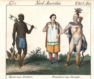 Akadiai férfi tetovált testtel és néhány kanadai indián őslakos. Litográfia a könyvhöz: Friedrich Wilhelm Goedsche (1785-1863) "Galerie complete en tableaux fideles des peuples d