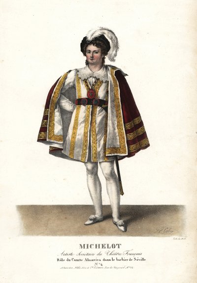 Pierre Marie Nicolas Michelot színész Pierre Beaumarchais Le Barbier de Seville című darabjában Almaviva gróf szerepében, Theatre Français. F. Noel kézi színezésű litográfiája Alexandre-Marie Colin illusztrációja után a Portraits d