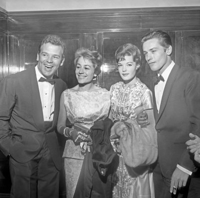 Schauspieler Renato Salvatori, Annie Girardot, Romy Schneider und Alain Delon beim 21. Filmfestival von Venedig (s/w Foto) von 