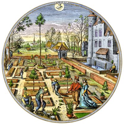 Mezőgazdaság: 1590 körül tavasz elején egy európai zöldségeskertben végzett kertészkedés 16. századi színes metszet. alkotó: Unbekannter Künstler