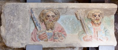 Oltárkép. polikróm kő. 14. század második fele. Eredeti egykori plébániatemplom Torre de Rialb. Részlet. Alsó regiszter. Bal oldali panel. Péter Pál evangélisták. alkotó: Unbekannt