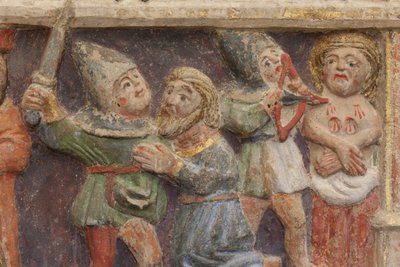 Oltárkép. polikróm kő. 14. század második fele. Eredeti egykori plébániatemplom Torre de Rialb. Részlet. Középregiszter. Bal oldali panel. Alsó rész: egy hivatalnok nézi a jelenetet Saint Iscle lefejezésénél és Sa mellcsonkításánál alkotó: Unbekannt