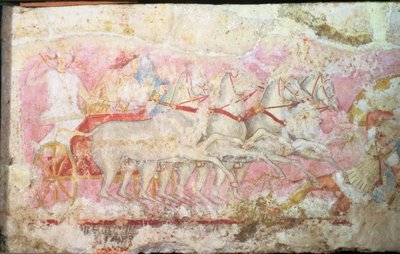 Amazonok, akik szekeret vezetnek, részlet az amazonok szarkofágjának oldaláról, Tarquinia, Kr. e. IV. század (tempera alabástromon) (85168. részlet) alkotó: Unbekannt