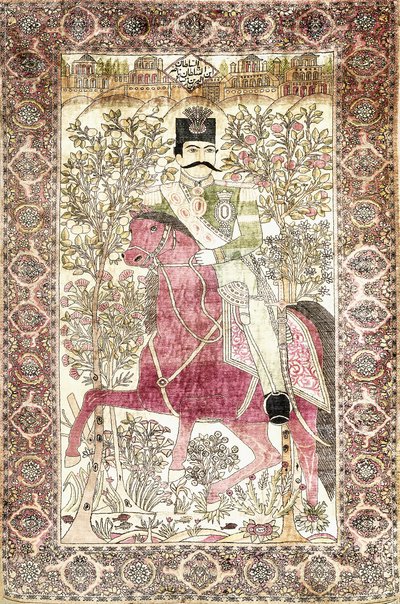 Egy antik selyem Kashan "mochtasham" képes szőnyeg, amely Naser al-Din Shah lovas alakját ábrázolja alkotó: Unbekannt