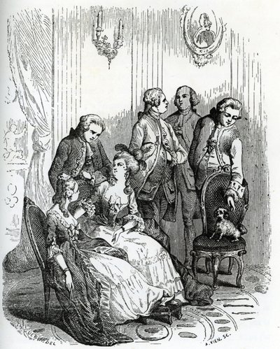 Egy este a Vaux-le-Vicomte kastélyban XV. Lajos király (1710-1774) idején. 19. század (metszet Le Francois "Mysteres des vieux chateaux de France" című művéből). alkotó: Unbekannter Künstler