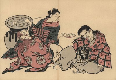 Egy oiran kurtizán két shojo-t játszik szakéval egy hatalmas vázából. Masanobu Okumura (1686-1764) fametszete a Fuzoku Emakimono, Picture Scroll of the Water Trade, Tokió, 1880 körüli újranyomás. alkotó: Unbekannter Künstler