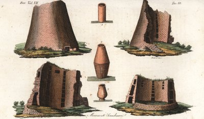 Ősi viking emlékek egy Skandináviához közeli német tartományból, valamint néhány dán és svéd sírokból származó urna. Giarre és Stanghi kézzel színezett rézmetszete Giulio Ferrario: A világ népeinek ősi és modern viseletei című művéből. alkotó: Unbekannter Künstler