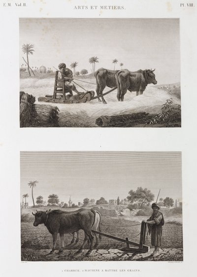 Szántóföldi gazdálkodás, szántás Cséplőgép és eke, Egyiptom, 1798 alkotó: Unbekannt