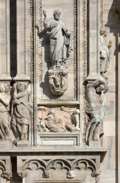 Építészet: Szent Lukács szobra (1811), alacsony dombormű, amely az angyal megjelenését ábrázolja Sámson anyjának (1659). A milánói olaszországi székesegyház (kupola vagy duomo) homlokzatának részlete alkotó: Unbekannt