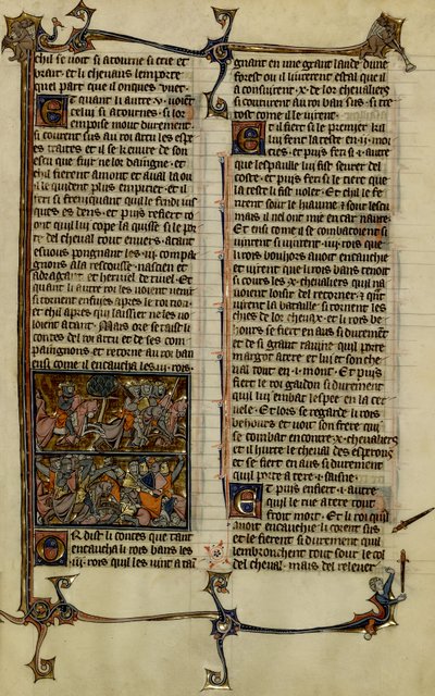 Artúr-legenda (a Szent Grál keresése) : Benoic üldözi a szászokat és a Danablaise-i csata két illumináció a 13. században, 1280-1290 között készült Merlin története című kéziratból. alkotó: Unbekannter Künstler