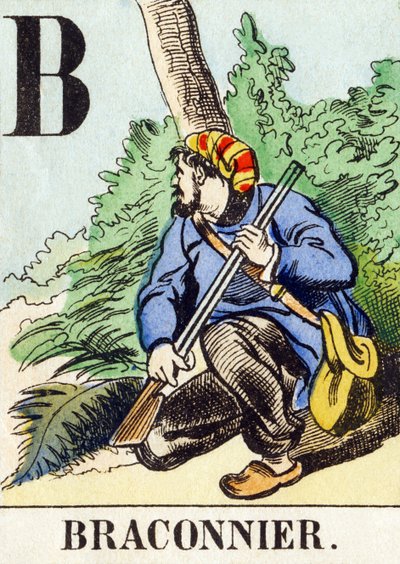 B : Braconnier – A vadászábécé, 1890 körül (metszet) alkotó: Unbekannt
