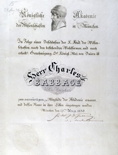Babbage Charles Babbage tiszteletbeli oklevelet adományozott alkotó: Unbekannt