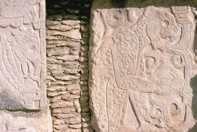 Bas relief, amely jaguárokat ábrázol, akik emberi szíveket tépnek ki áldozati áldozatokból (kő) alkotó: William M. Timlin