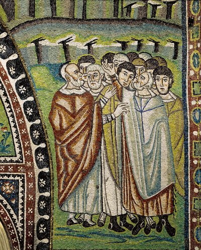 San Vitale-bazilika, ambuláns bejárata feletti lunetta mozaikok részlete, amely Izrael tizenkét törzsének Áron vezetőit ábrázolja, Ravenna, Emilia-Romagna, Olaszország alkotó: William M. Timlin