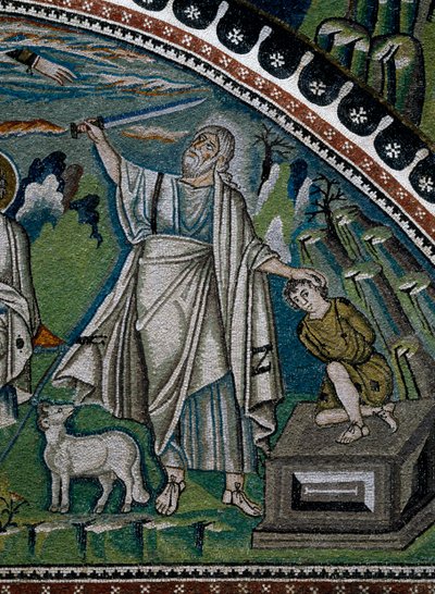 San Vitale-bazilika, Ábrahám történetei, Izsák feláldozását ábrázoló ambuláns bejárata feletti lunetta mozaikok részlete, Ravenna, Emilia-Romagna, Olaszország alkotó: Benjamin Baud