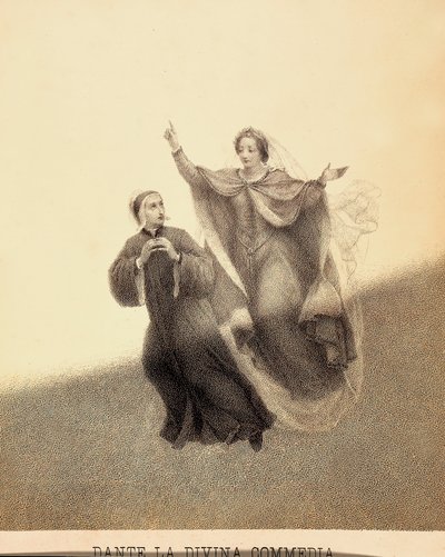 Beatrice mutatóujjával felfelé mutatva vezeti Dantét a Paradiso égboltján keresztül. Testüket egy fénysugár világítja meg. Illusztráció Dante Alighieri Isteni komédiája Paradiso I. énekéhez. Franceso Scaramuzza dedikált műve. alkotó: Unbekannter Künstler