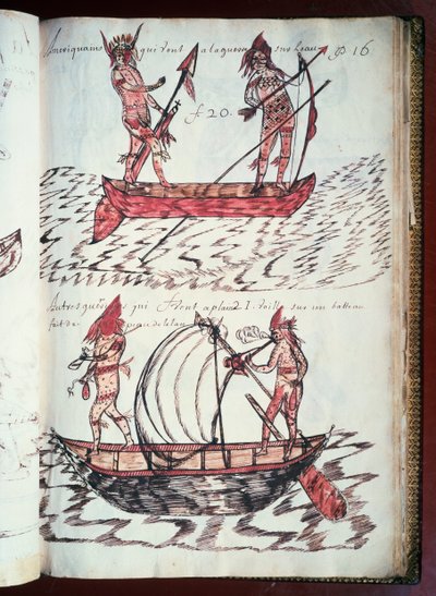 Indiánok csónakjai, Codex Canadensis (1664-1675) oldala, Louis Nicolas, Franciaország, pergamen kézirata alkotó: William M. Timlin