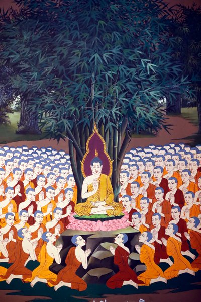 Buddha tanítása a tanítványoknak, falfreskó, Wat Botum templom, Phnom Penh, 2022 (fotó) alkotó: Unbekannter Künstler