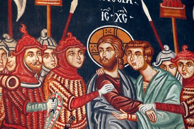 Bizánci freskó a 15. századból Júda árulása és Jézus Mihály arkangyal templom letartóztatása Pedoulasban Ciprus Festett templomok UNESCO-hely Troodos, Ciprus alkotó: Unbekannt